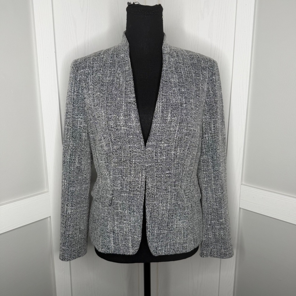 Ann Taylor Blazer Women 6 Gray White Textured Tweed Hook-and-Eye Jacket